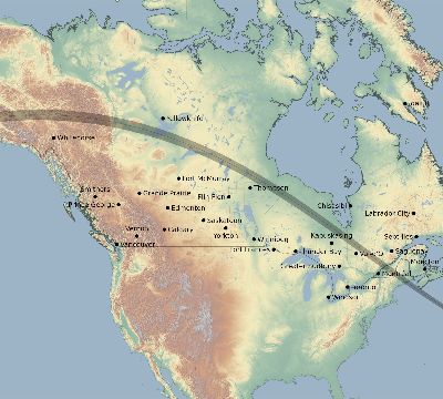 Map of the eclipse path across Canada on 07/20/1963
