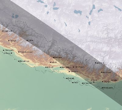 Map of the eclipse path across Nepal on 11/23/1965