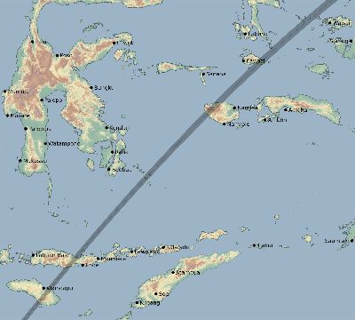 Map of the eclipse path across Indonesia on 03/18/1969