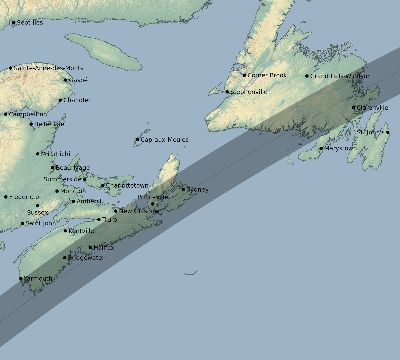 Map of the eclipse path across Canada on 03/07/1970