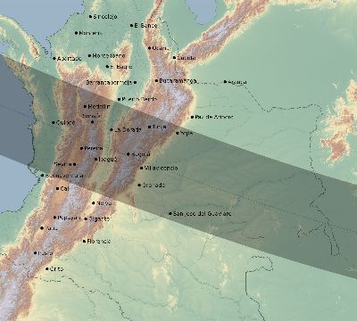 Map of the eclipse path across Colombia on 12/24/1973