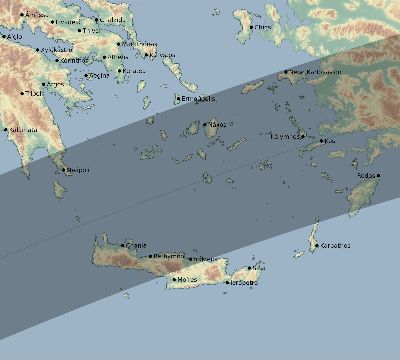 Map of the eclipse path across Greece on 04/29/1976