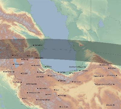 Map of the eclipse path across Iran on 04/29/1976