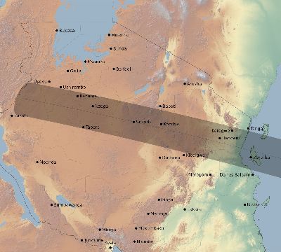 Map of the eclipse path across Tanzania on 10/23/1976
