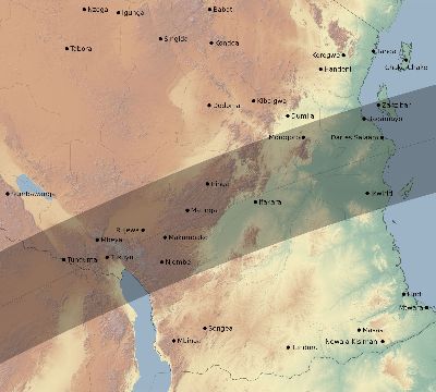 Map of the eclipse path across Tanzania on 04/18/1977