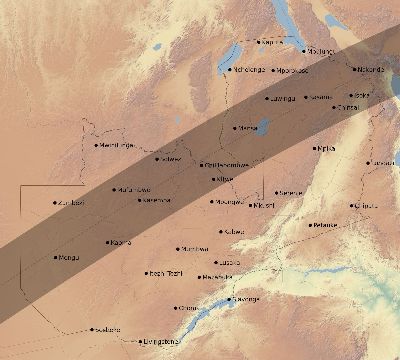 Map of the eclipse path across Zambia on 04/18/1977