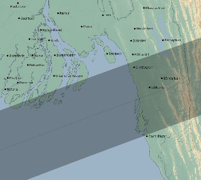 Map of the eclipse path across Bangladesh on 02/16/1980
