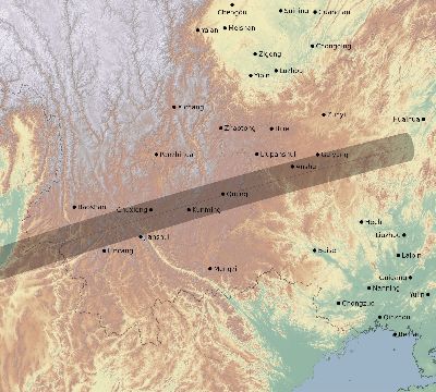 Map of the eclipse path across China on 02/16/1980