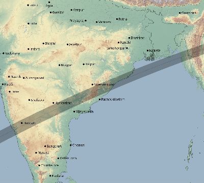 Map of the eclipse path across India on 02/16/1980