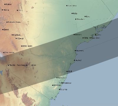 Map of the eclipse path across Kenya on 02/16/1980