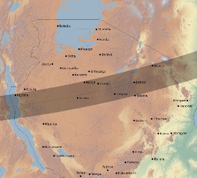 Map of the eclipse path across Tanzania on 02/16/1980