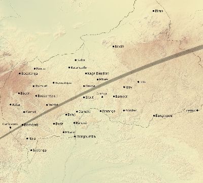Map of the eclipse path across Central African Republic on 03/29/1987
