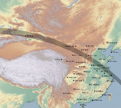 Map of the eclipse path across China on 09/23/1987