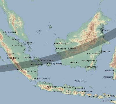 Map of the eclipse path across Indonesia on 03/18/1988