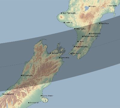 Map of the eclipse path across New Zealand on 01/15/1991