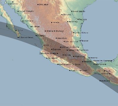 Map of the eclipse path across Mexico on 07/11/1991