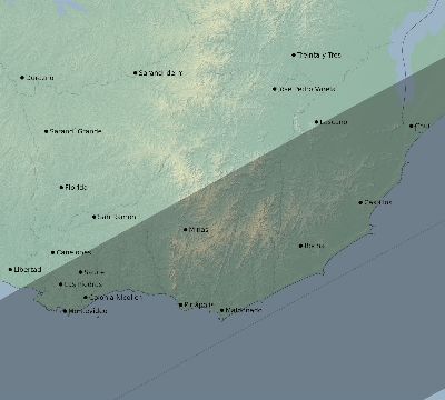 Map of the eclipse path across Uruguay on 06/30/1992