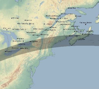 Map of the eclipse path across Canada on 05/10/1994