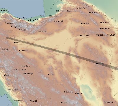 Map of the eclipse path across Iran on 10/24/1995