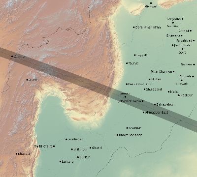 Map of the eclipse path across Pakistan on 10/24/1995
