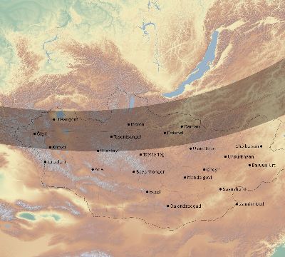 Map of the eclipse path across Mongolia on 03/09/1997