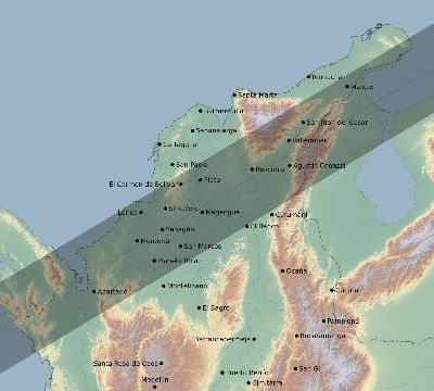 Map of the eclipse path across Colombia on 02/26/1998