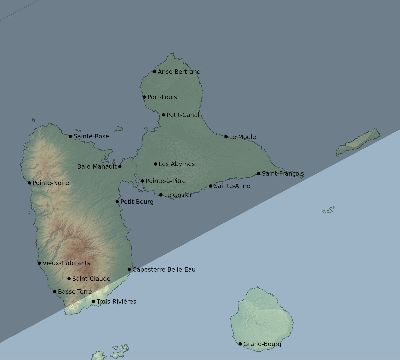 Map of the eclipse path across Guadeloupe on 02/26/1998