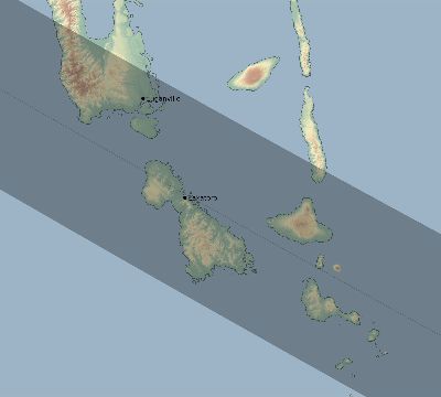 Map of the eclipse path across Vanuatu on 08/22/1998
