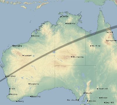 Map of the eclipse path across Australia on 02/16/1999