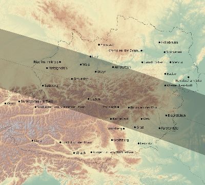 Map of the eclipse path across Austria on 08/11/1999