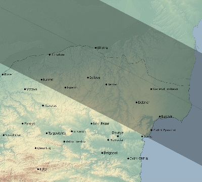 Map of the eclipse path across Bulgaria on 08/11/1999