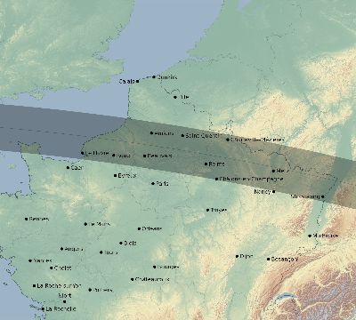 Map of the eclipse path across France on 08/11/1999