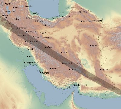 Map of the eclipse path across Iran on 08/11/1999