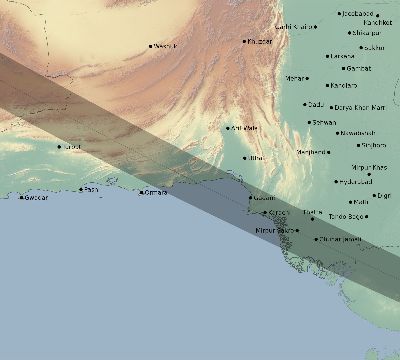 Map of the eclipse path across Pakistan on 08/11/1999