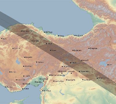 Map of the eclipse path across Turkey on 08/11/1999