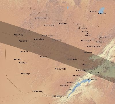 Map of the eclipse path across Zambia on 06/21/2001