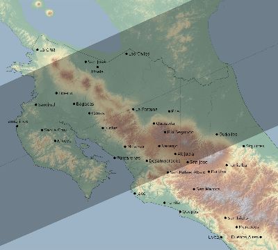 Map of the eclipse path across Costa Rica on 12/14/2001
