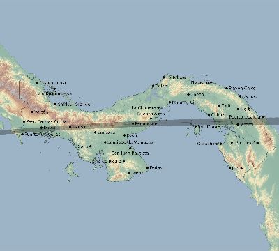 Map of the eclipse path across Panama on 04/08/2005