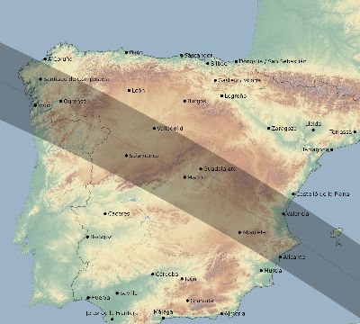 Map of the eclipse path across Spain on 10/03/2005