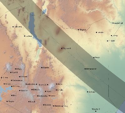 Map of the eclipse path across Kenya on 10/03/2005
