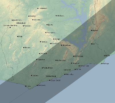Map of the eclipse path across Ghana on 03/29/2006
