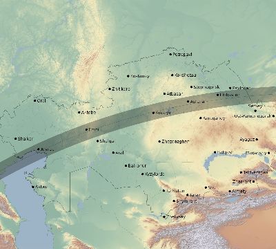 Map of the eclipse path across Kazakhstan on 03/29/2006