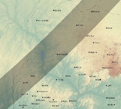 Map of the eclipse path across Nigeria on 03/29/2006