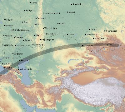 Map of the eclipse path across Russia on 03/29/2006