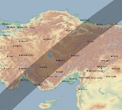 Map of the eclipse path across Turkey on 03/29/2006
