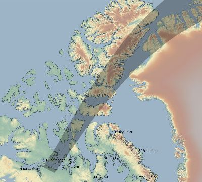 Map of the eclipse path across Canada on 08/01/2008