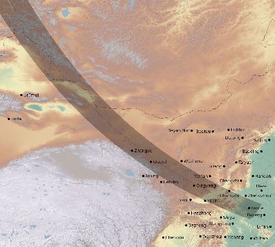 Map of the eclipse path across China on 08/01/2008