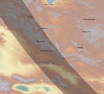 Map of the eclipse path across Mongolia on 08/01/2008