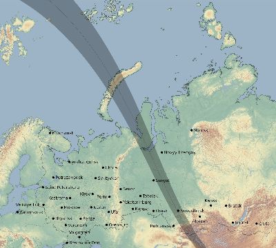 Map of the eclipse path across Russia on 08/01/2008