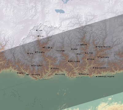 Map of the eclipse path across Bhutan on 07/22/2009